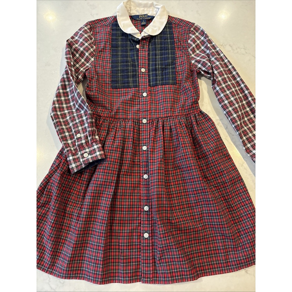 POLO RALPH LAUREN Girls 6 DRESS Long Sleeved Mixed Tartan Plaid Patchwork Cotton